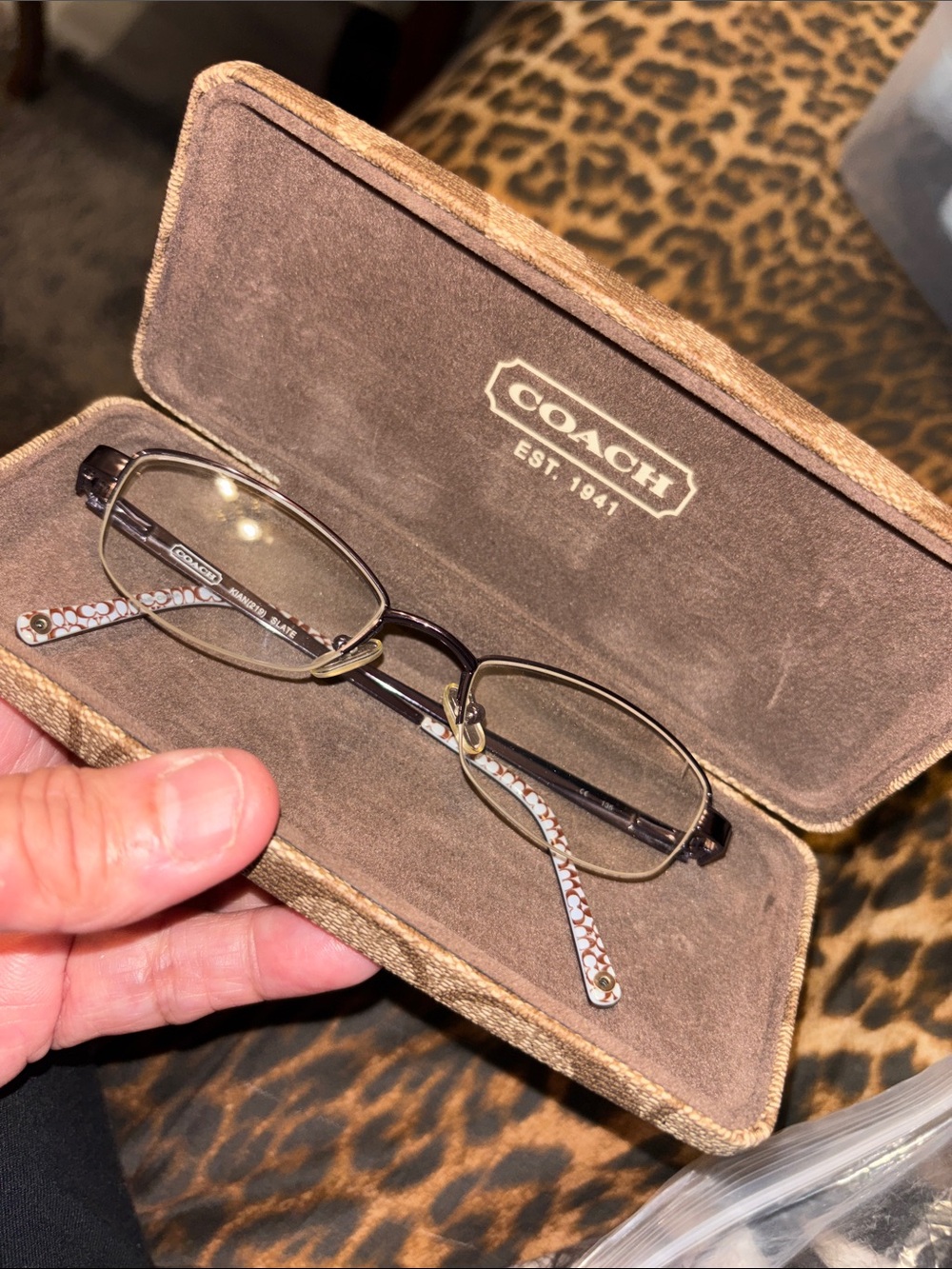 Coach Brown and Gold Rectangular Eyeglass Frames with Patterned Temples